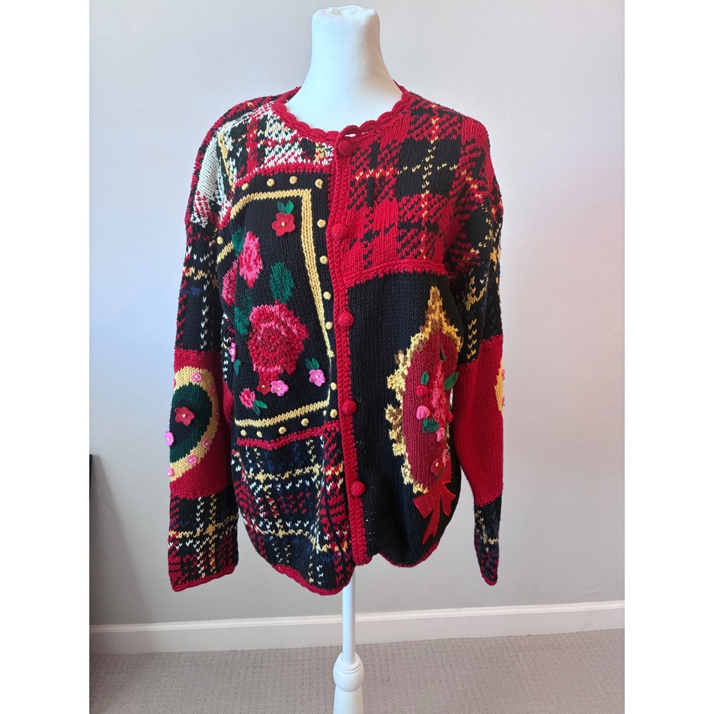 The Eagle's Eye Vintage Hand Knit Floral Plaid Patchwork Cardigan Sweater Large
